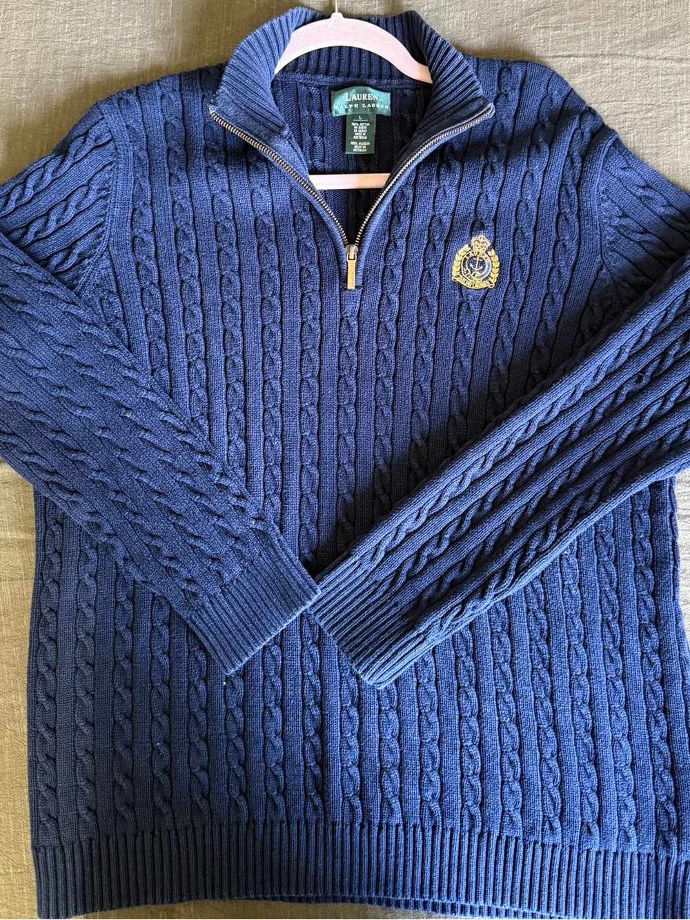 Vintage LAUREN Ralph Lauren Women’s Navy Cable-Knit Half-Zip Sweater with Crest - Picture 5 of 6